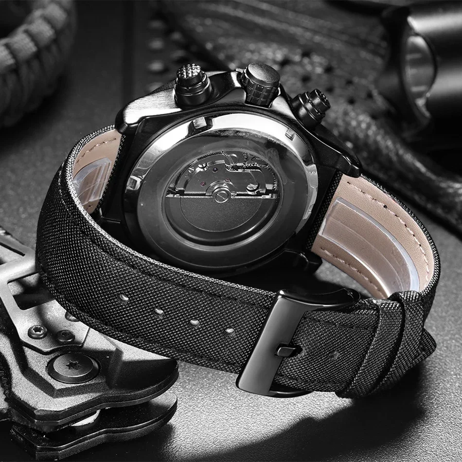 ساعات أوتوماتيكية للرجال ميكانيكية ذاتية الرياح من القماش الأصلي باللون الأسود والأزرق متعددة الوظائف مضيئة Reloj Hombre Baratos