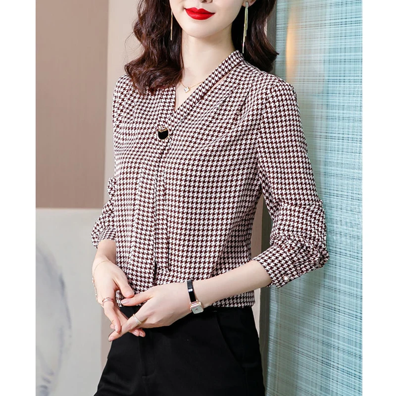 Houndstooth Print Elegant Chic Bow Tie Office Lady Shirts Spring Autumn Fashion V-neck Long Sleeve Loose Top Blouse Women Blusas