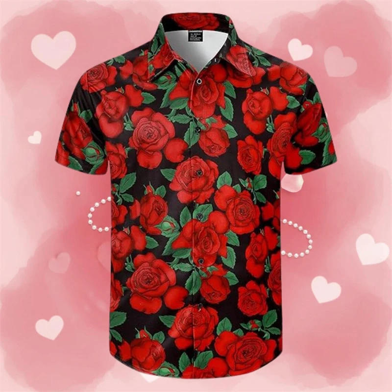 Couples Heart Print Red Hawaiian Shirt Men Women Loose Short Sleeve Button Up Shirts Love Vacation Summer Breathable Blouse 2026