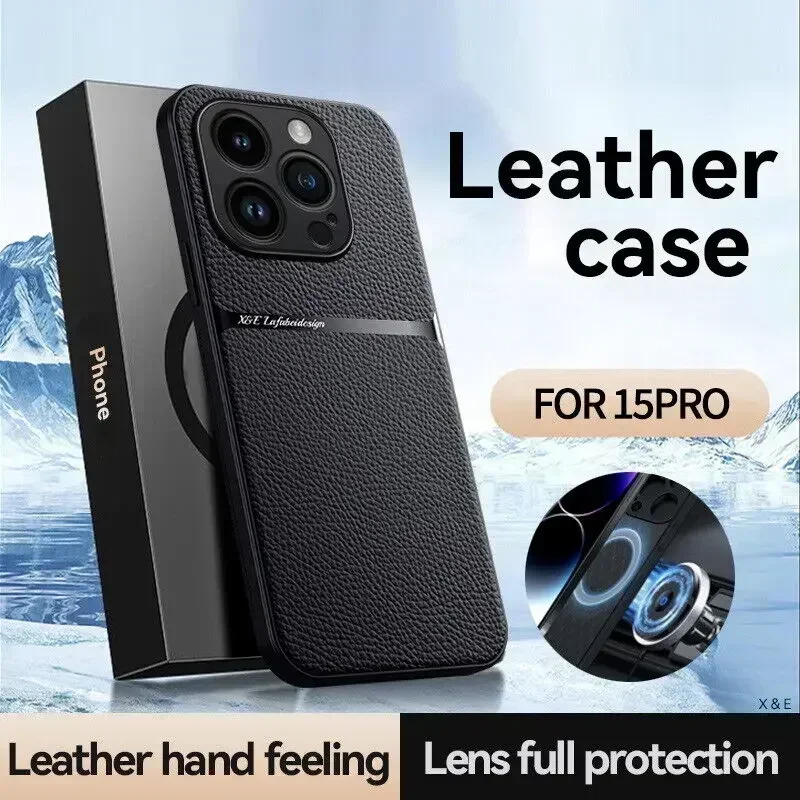 Leather For Magsafe Magnetic Car Holder Phone Case For iPhone 15 14 13 12 Pro Max 11 Luxury Matte Shockproof Lens Protect Cover