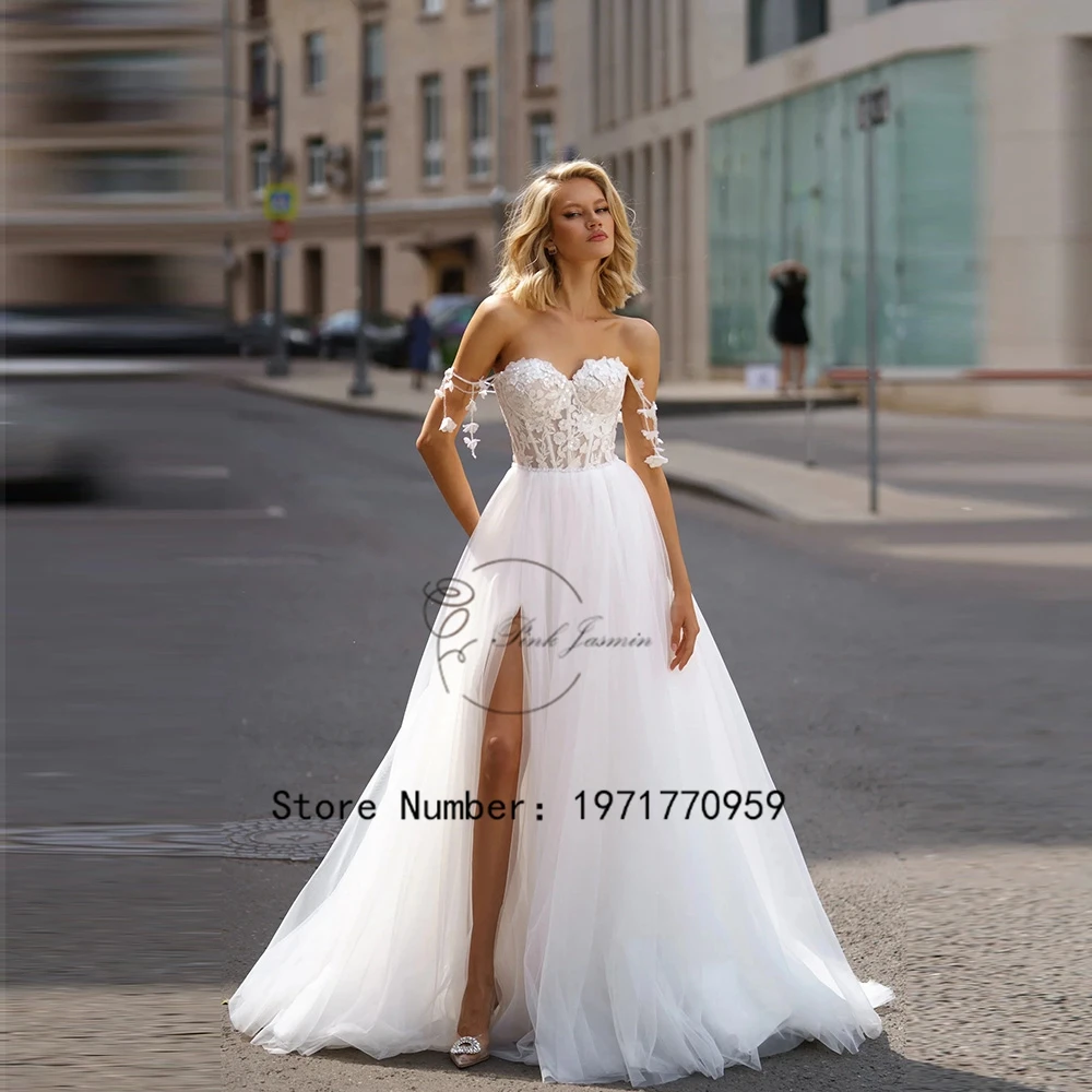 

Off The Shoulder Wedding Dress For Women Sweetheart Side Slit Applique Elegant Bridal Gown Zipper Back Court Train Vestido De