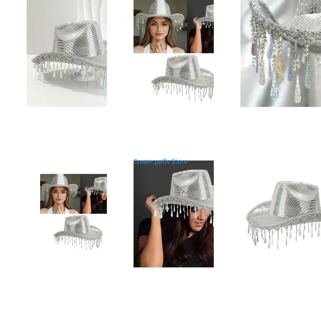 50LE Silver Reflective Hat Glinting Mirrored Cowboy Hats for Carnivals Music Festival