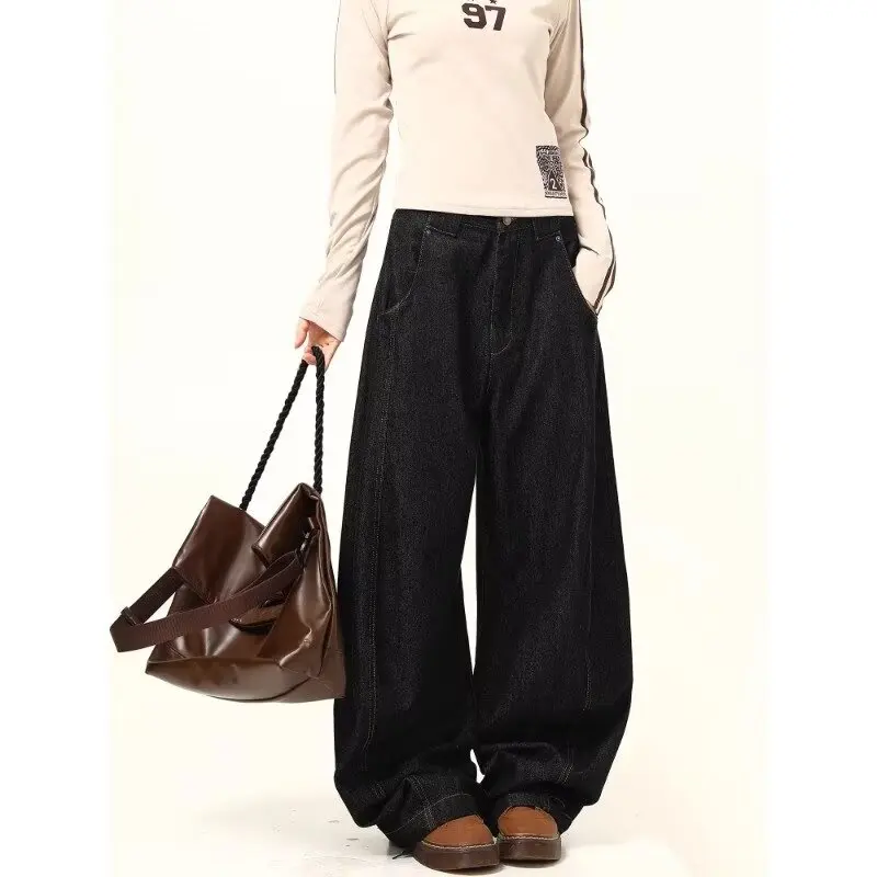 2024 New Black High Waist JeansY2K Harajuku Streetwear Baggy Jeans Hip-hop Women Pants Autumn Straight Wide Leg Trousers Women — zdjęcie 2