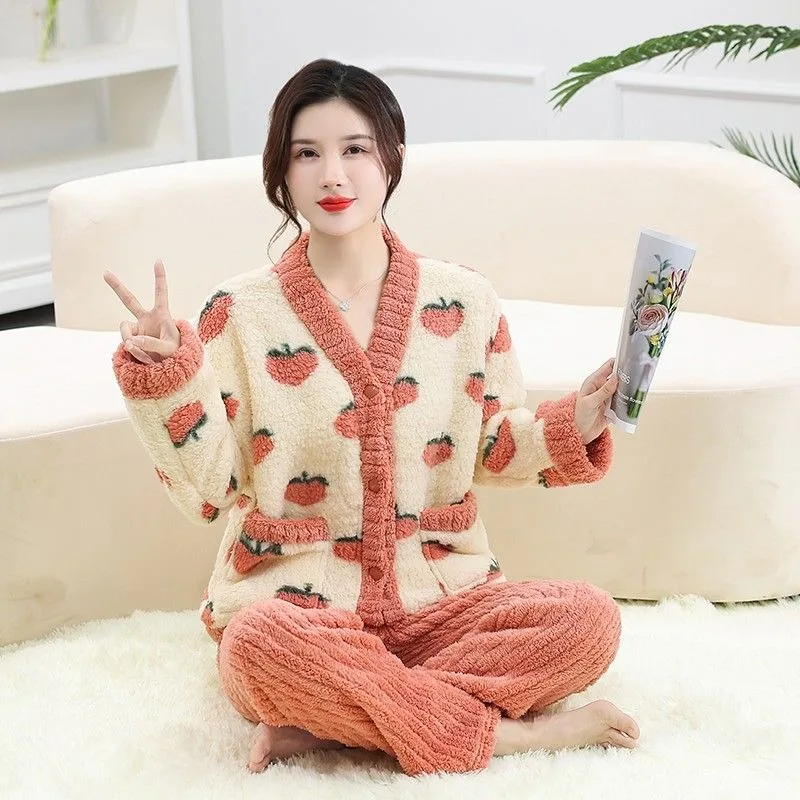 

Pajama Woman Househould Apparel Winter Fleece Sleep Suit Thick Coral Home Clothes New Famale Autumn Flannel Warm Set Homewear