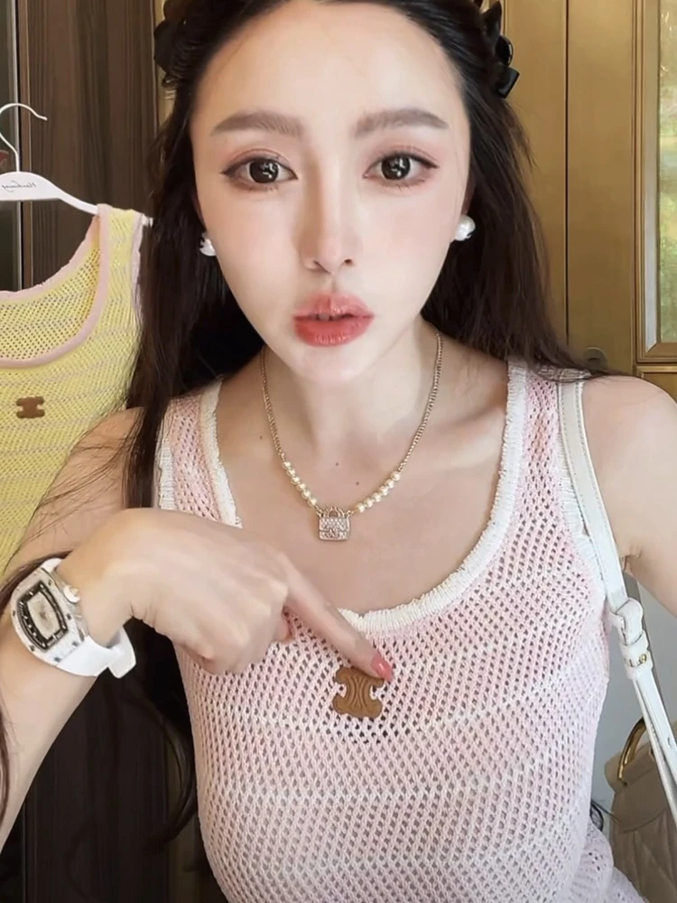 

Sweet Sle Summer Cool Stripe Color Blo Svel Vest Top Girls Sensation Tank Top Hollow out Decorative 3D Regular Length