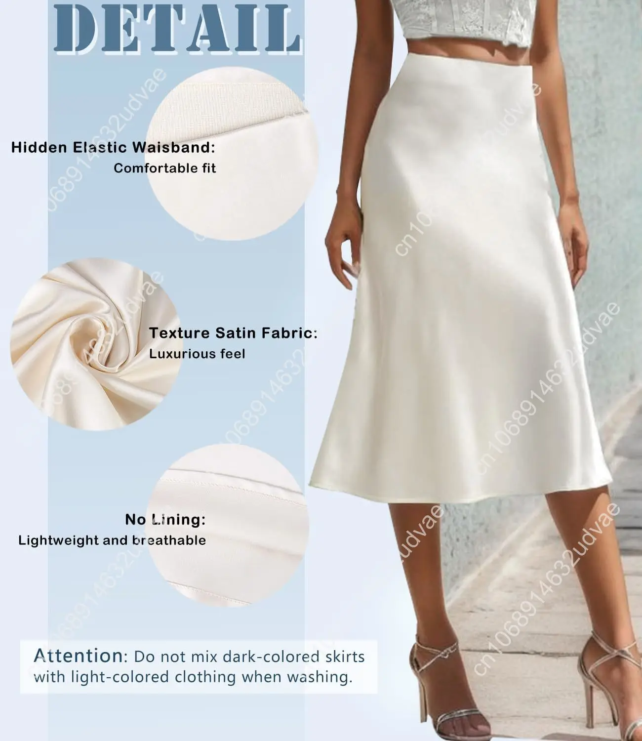 Gonna longuette svasata casual a vita alta in raso da donna con cintura elastica nascosta