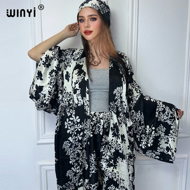 WINYI wysokiej jakości 2-częściowy strój damski Bohemian Print luźne kimono z długim rękawem o długości do podłogi okrycie plażowe modna sukienka