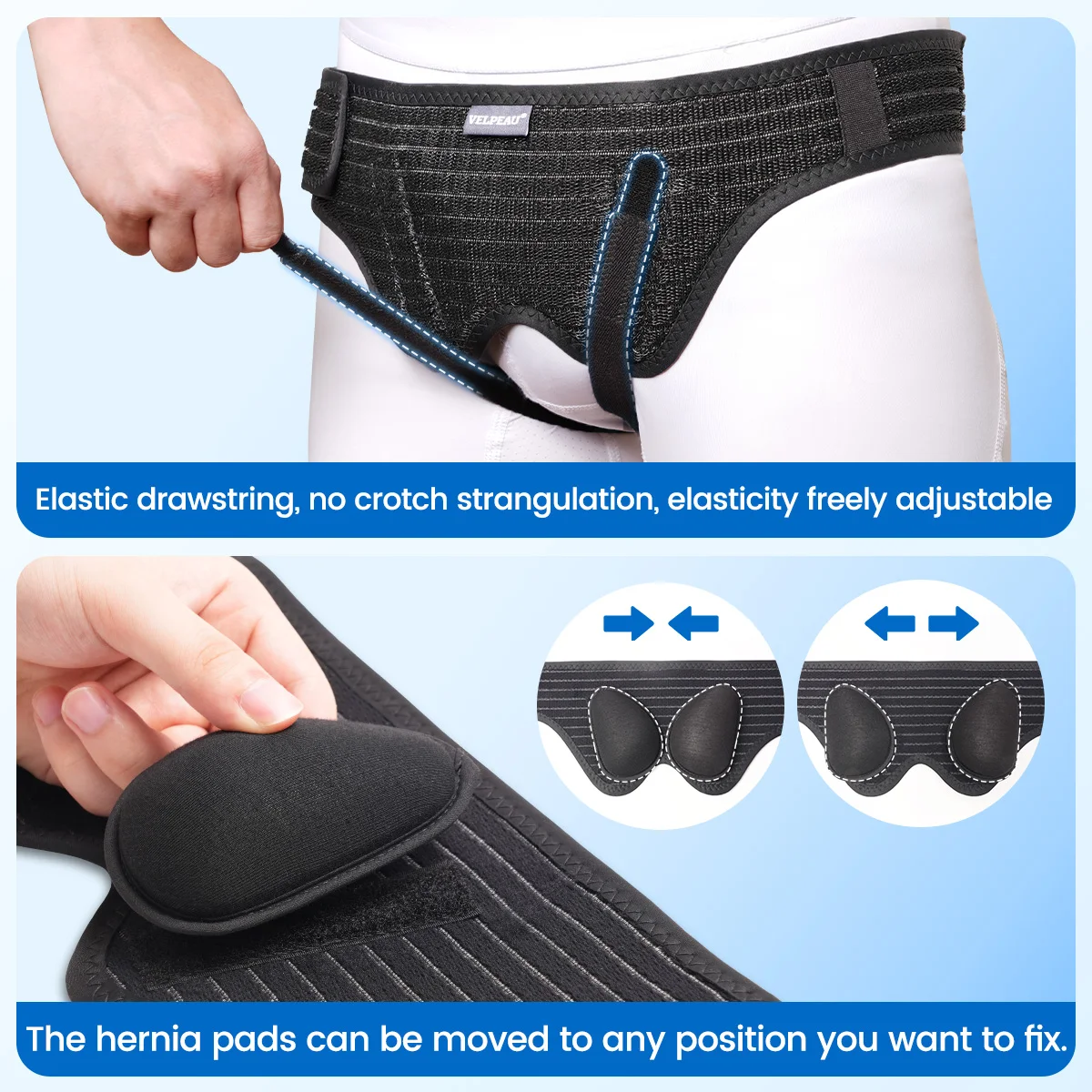 VELPEAU Hernia Belt for Single/Double Inguinal Pain Relief and Groin Hernia Support Adjustable with 2 Removable Compression Pads