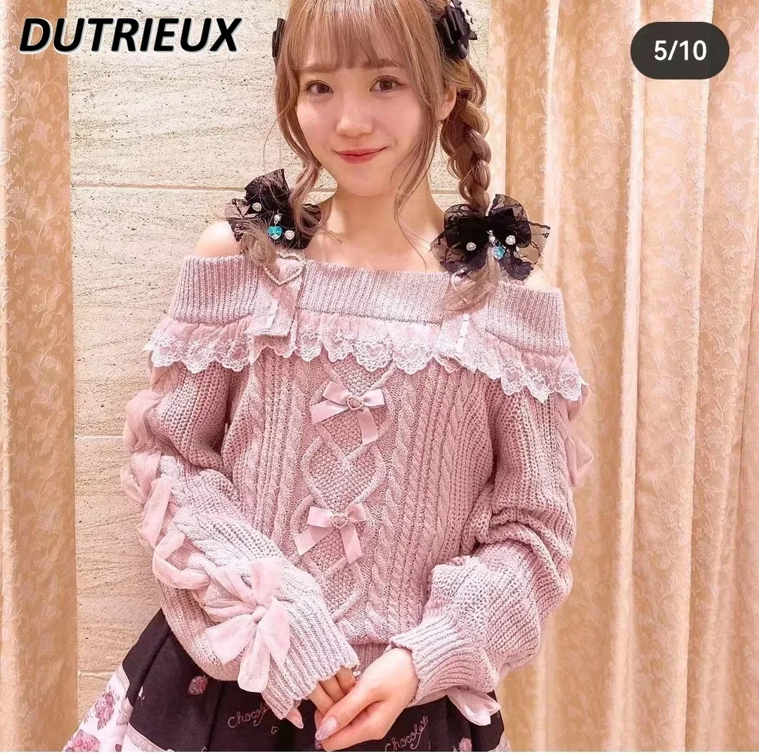 

Sweet Girl Pink Suspenders Knitwear Lolita Kawaii Sexy Strapless Long Sleeve Sweaters Pullover Autumn and Winter New Sweater Top