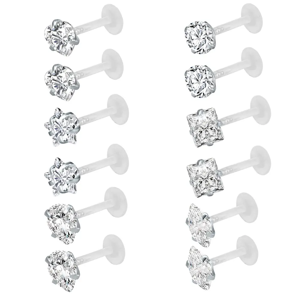 Bioflex-pendientes transparentes de circonita cúbica, anillo de labio de gema, cartílago en espiral, redondo, cuadrado, Estrella en forma de corazón, 12 piezas, 16G