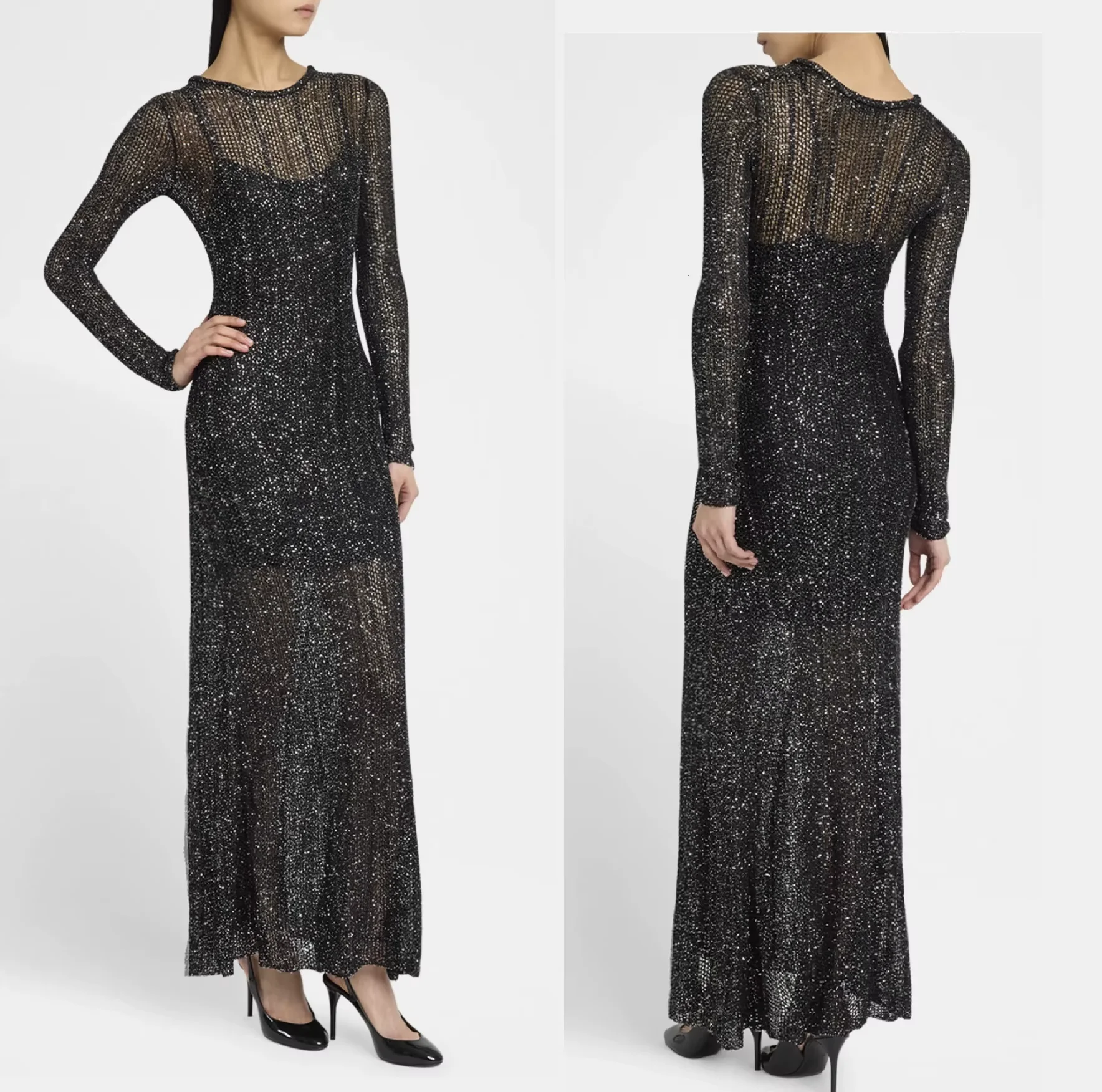 

Sequined Women's Knitted Long Dress O-Neck Long Sleeve Fashion Ladies Robe with Lining