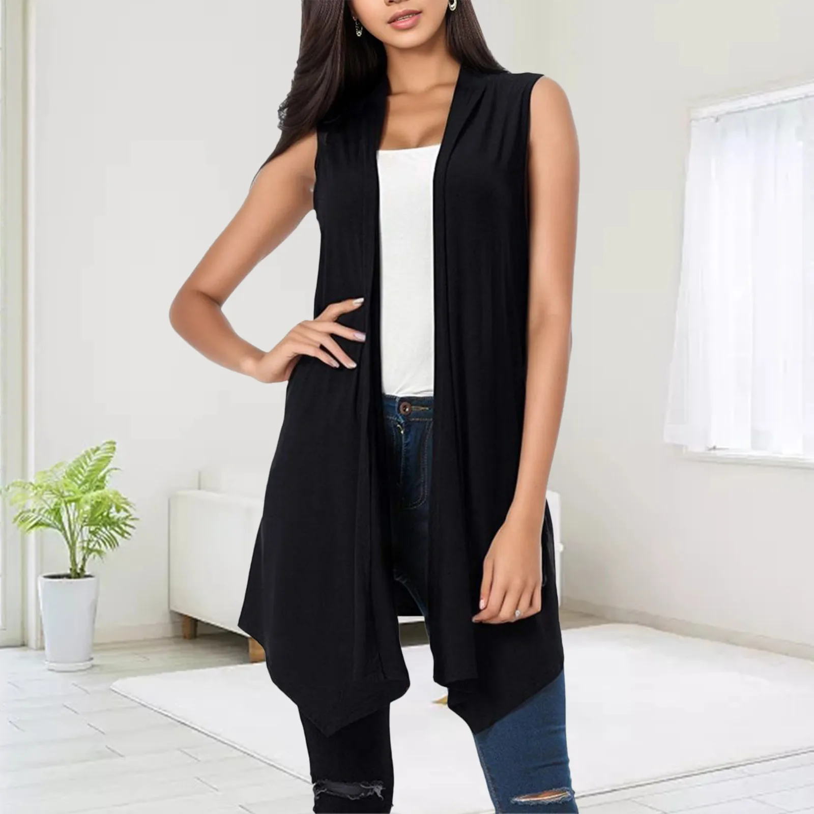 Women Jackets Vests Sleeveless Cardigan Vest Summer Solid Open Front Draped Mid-length Asymmetric Hem Waistcoat Lightweight Coat