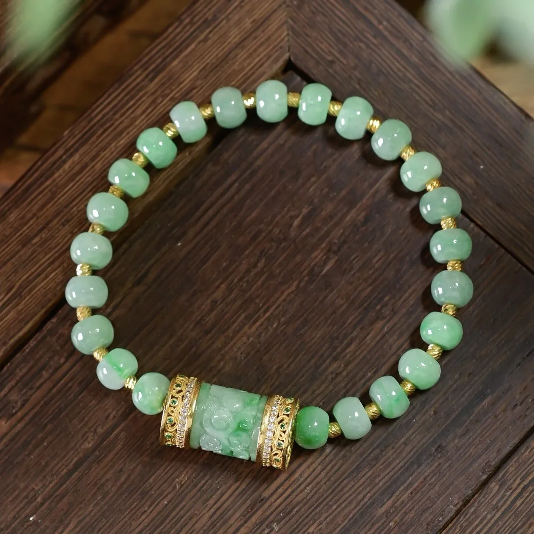 Natural Grade A Carved Jadeite Apple Bead Bracelet, Gilded S925 Silver Chinese Women Wrist Jewelry