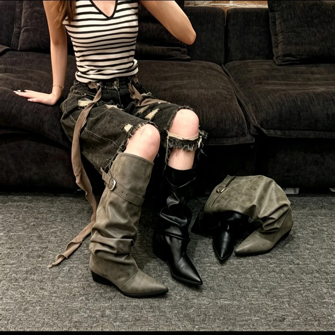 2026 New Retro Distressed Western Pointed Toe European and American Chunky Heel Slip-On Fashion Boots with Slouchy Shaft