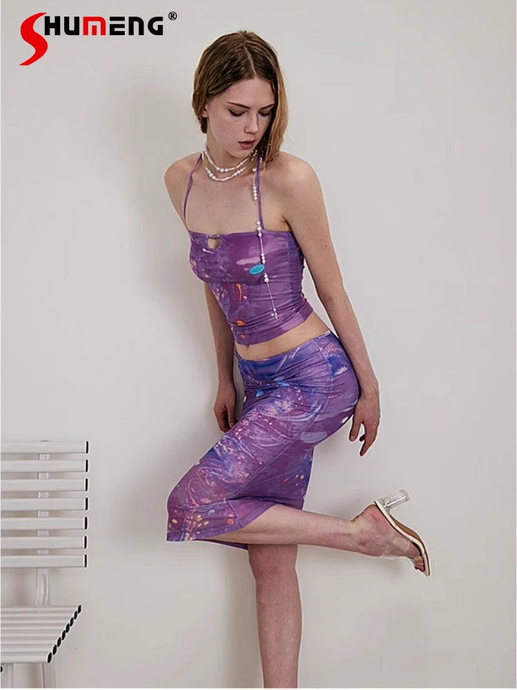 

Women's 2025 Spring Summer New Dress Sets Painted Full-print Sleeveless Beaded Vests Feminine Slim-fit Fishtail Nice Skirt Sets