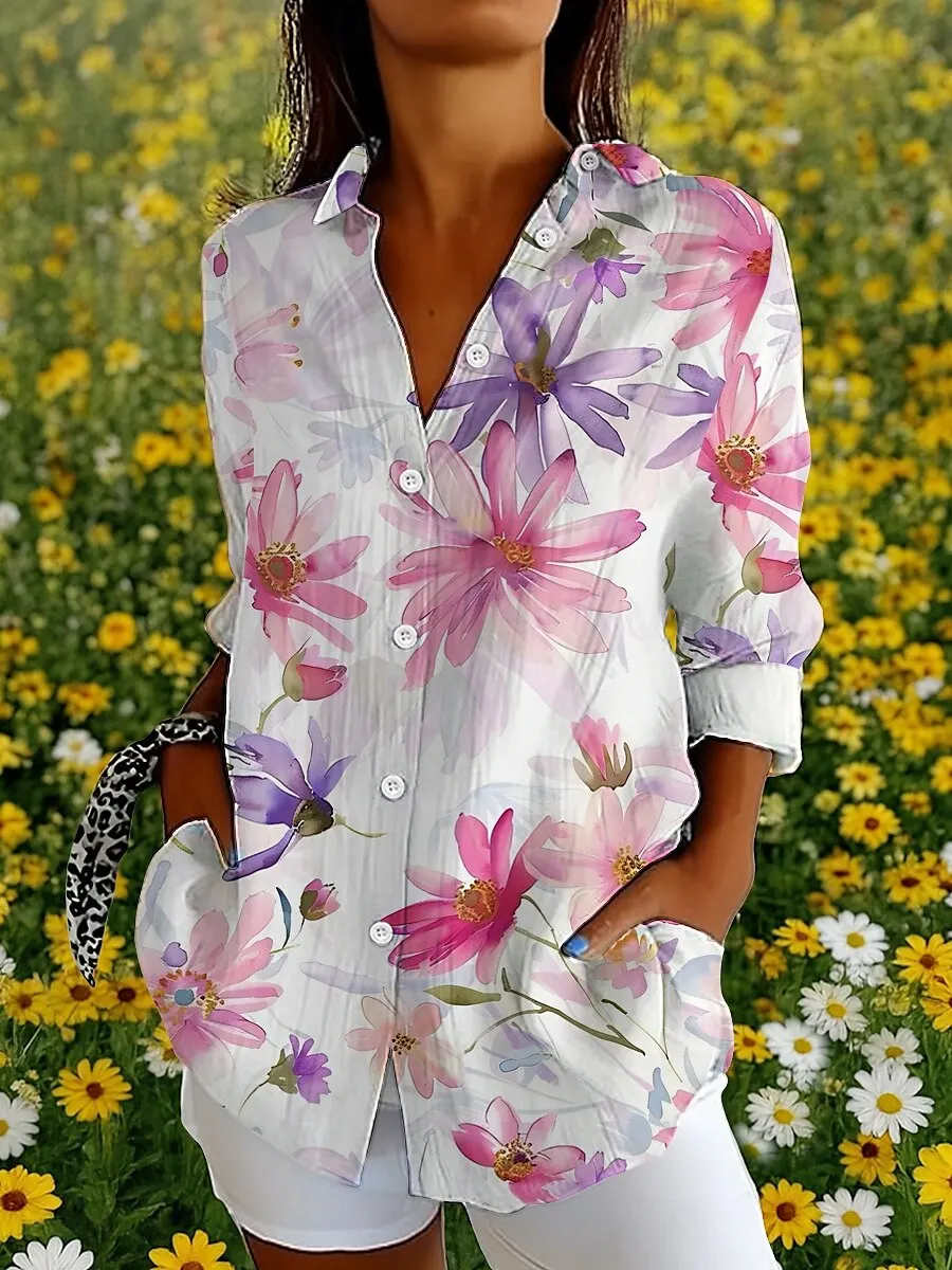

Women's Shirt Floral Graphic Elegant Vintage Tropical Long Sleeve Shirt Collar Regular Tops Daily Buttons Print Summer Spring