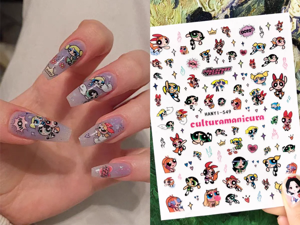 1 shieet Cartoon Powerpuff Girls nail sticker con adesivo y2k cute big eyes baby Spice betty