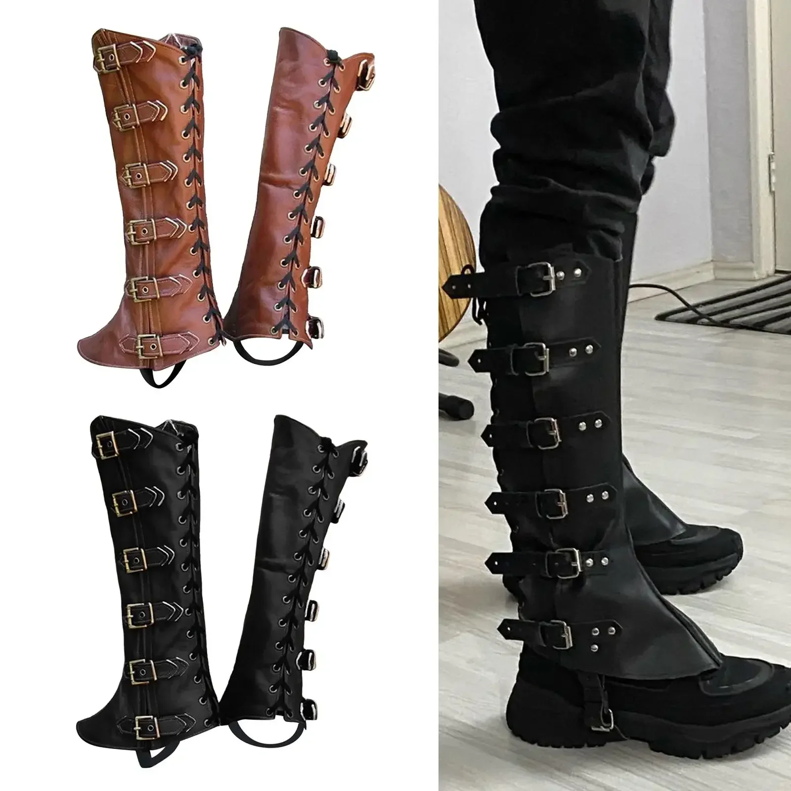 PU Leg Guard Shoe Steampunk Warrior Medieval Gothic Shoe Cover for Masquerade Knights Costume Accessory Cosplay Props Women Men