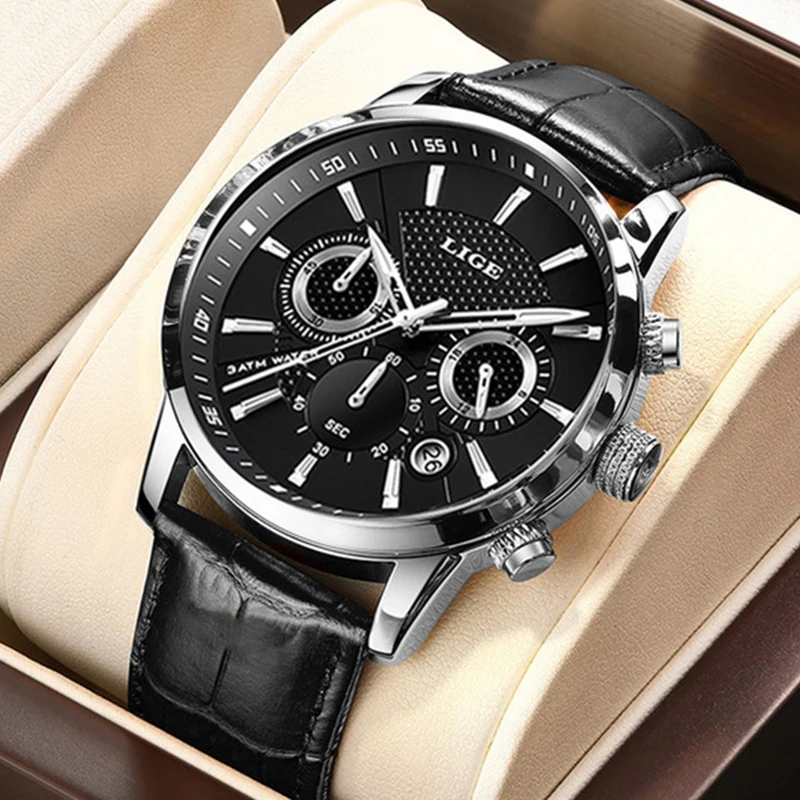 LIGE Brand Luxury Waterproof Watch For Men Fashion Business Men Watch Leather Military Sports Chronograph Quartz Wristwatches