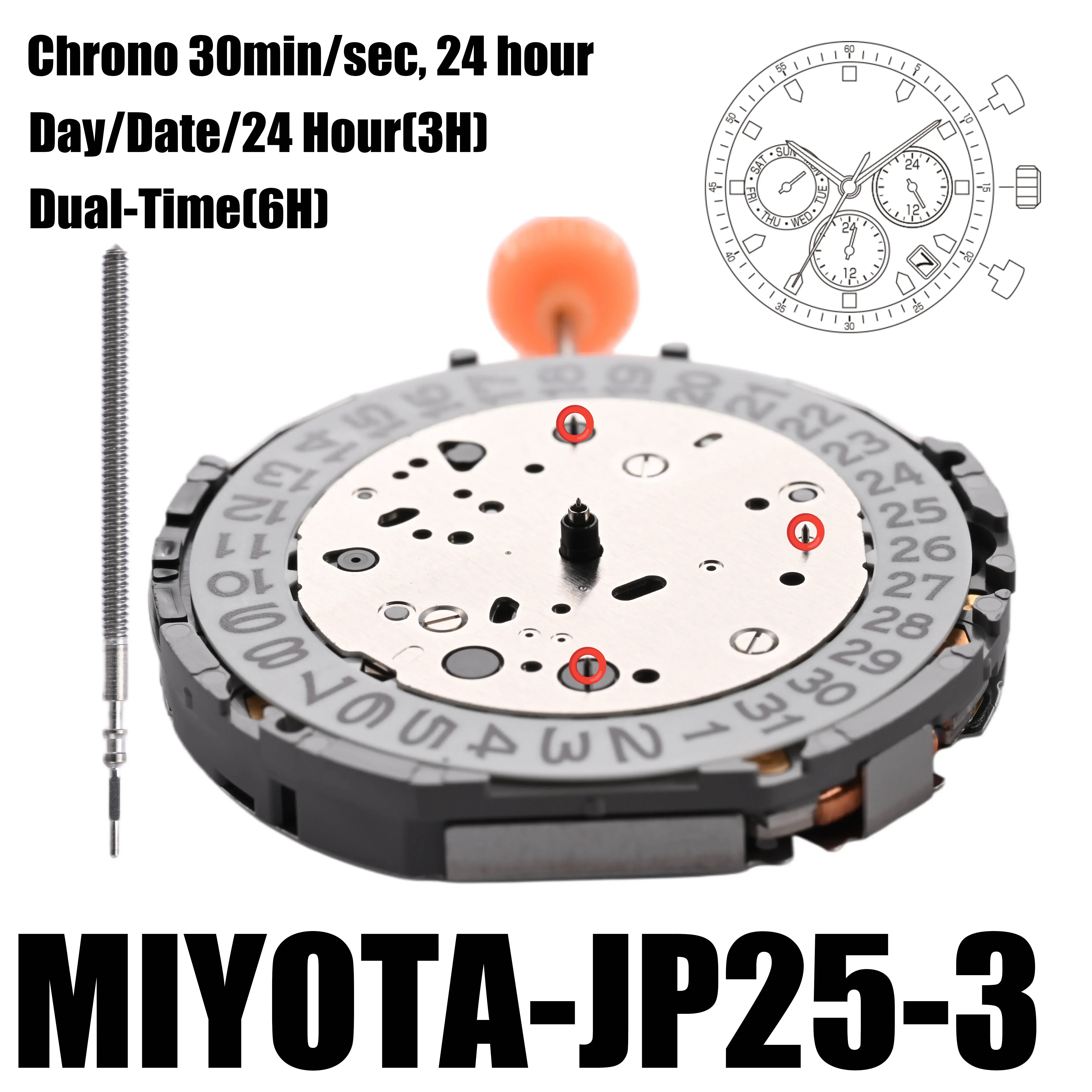 JP25 Movement Miyota JP25 Movement Multi-Function Quartz Watch Movement with Day At 3:00 Size: 12 1/2\'\'\'; Height: 4.30mm