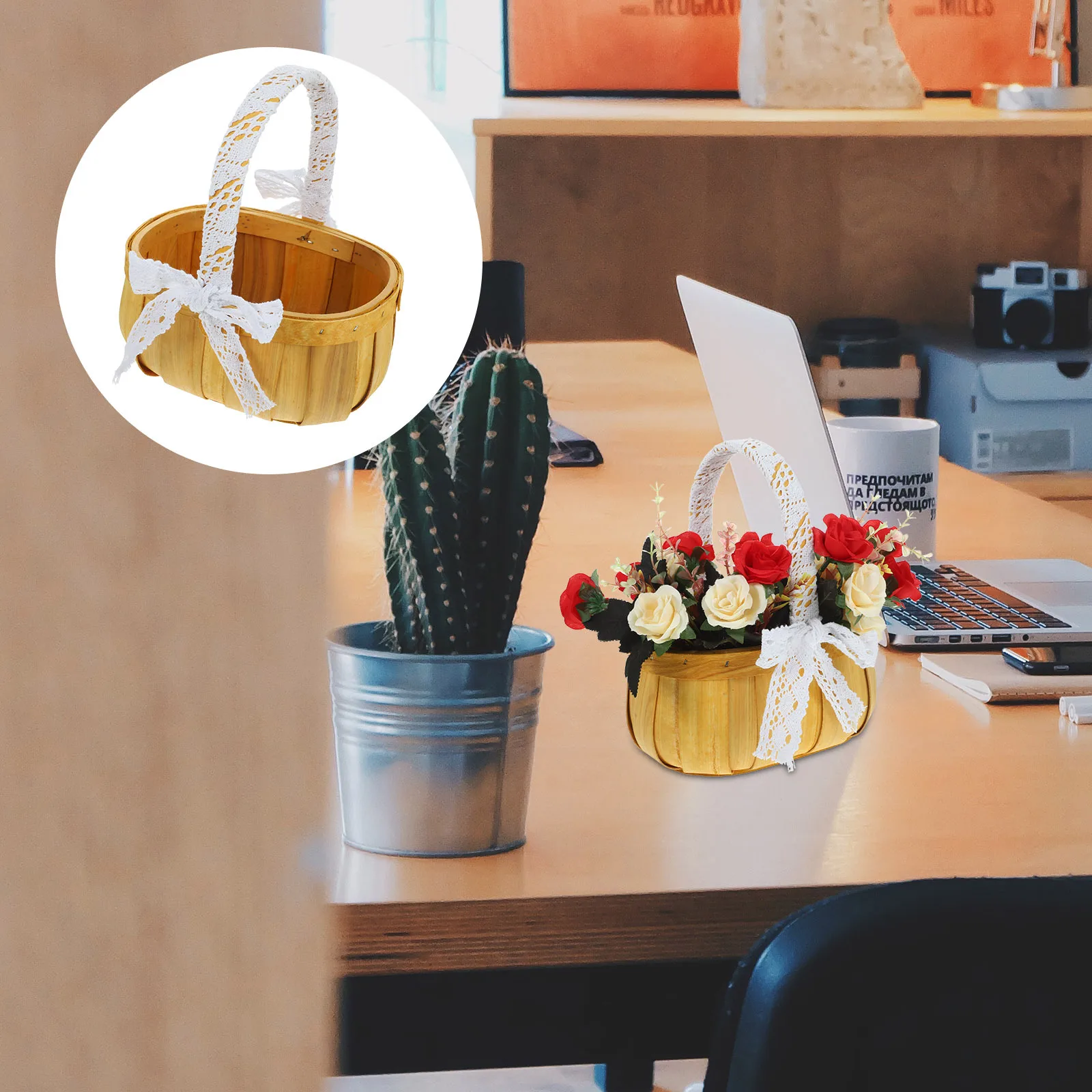 

1pc Portable Woven Basket Small Size Large Capacity Storage Organizer For Home Desktop Debris Sundries Flower Basket