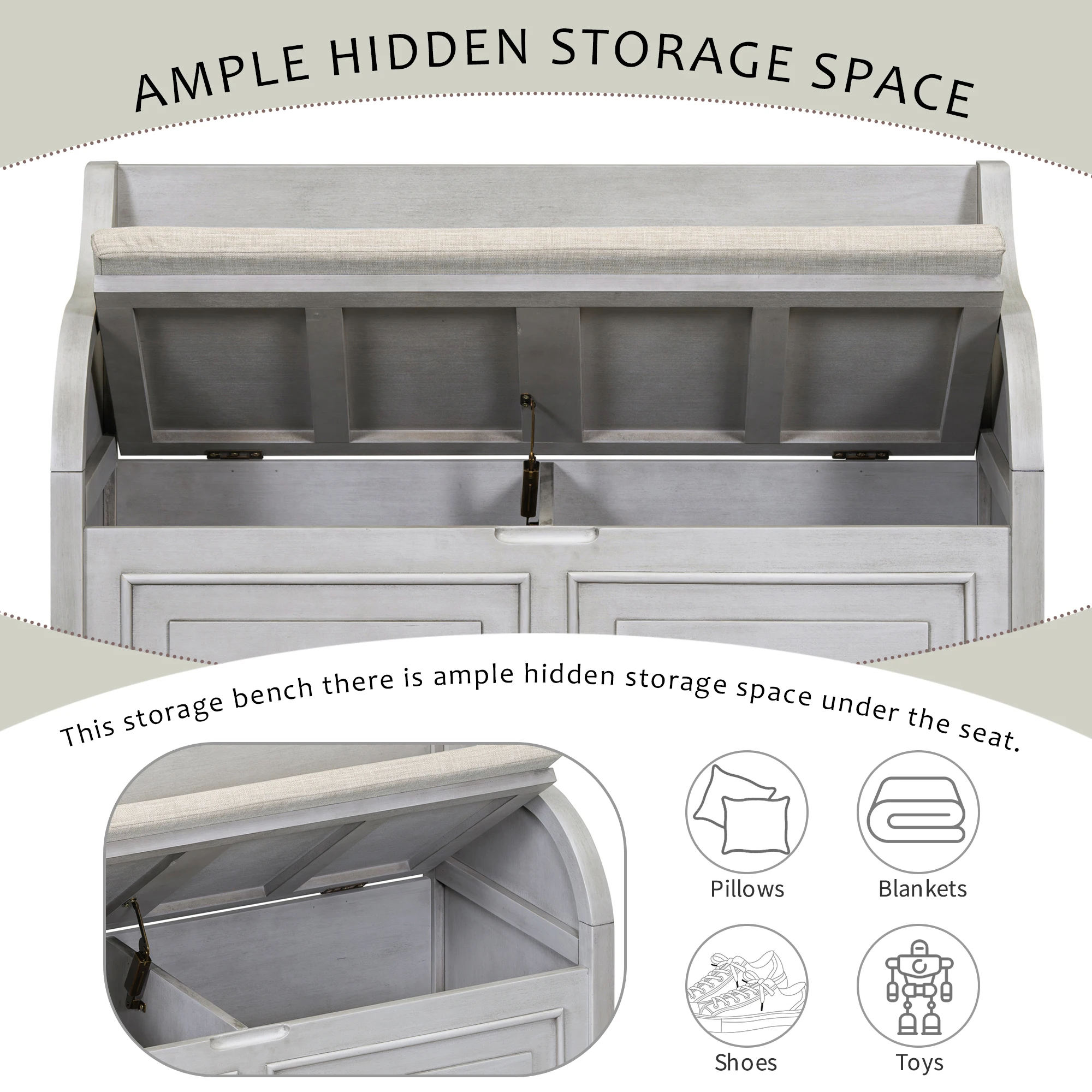 Panca portaoggetti da ingresso in legno massello in stile rustico con cerniera di sicurezza, sgabello per scarpe multifunzionale con cuscino imbottito rimovibile