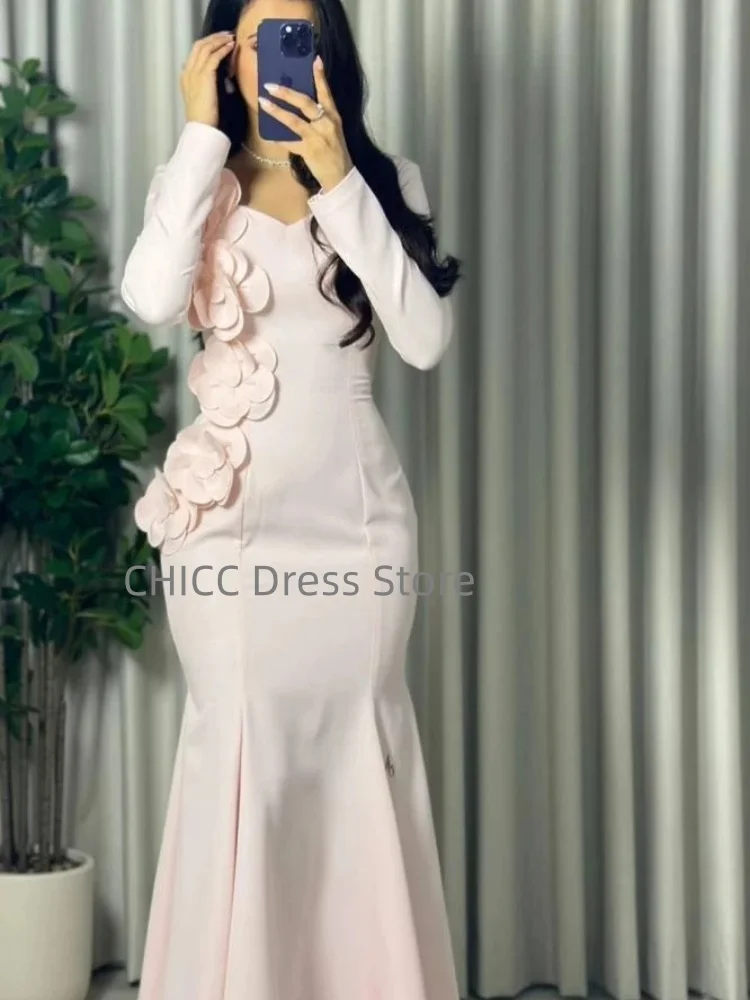 Robes de soirée modestes col en v à manches longues robe de bal sirène fleurs 3D occasion formelle robe de soirée d'invité de mariage personnalisée