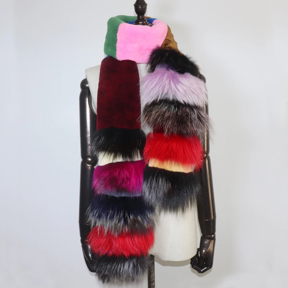 Neu eingetroffen: Modischer, farbenfroher Echtfellschal für Damen, natürlicher, warmer, langer Rex-Kaninchenfellschal, dicker Echtfuchs-Fellschal für Damen. – Detail 2