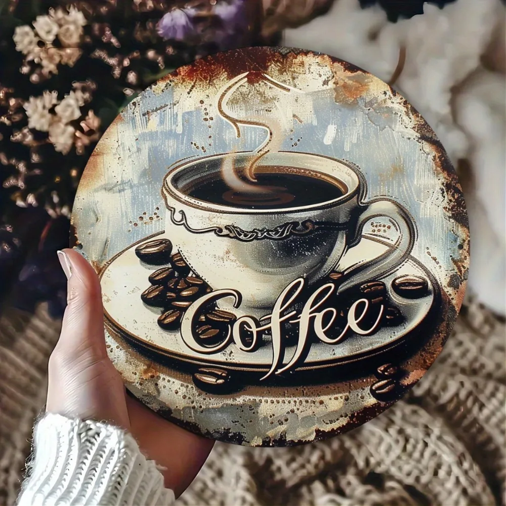 Vintage Coffee Time Retro-Metallschild, 8 Zoll quadratische Aluminium-Wandkunst für Café, Restaurant, Zuhause, Innen- und Außendekoration