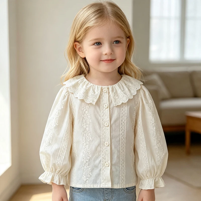 Kleinkind Mädchen Spitzenbluse mit Peter-Pan-Kragen, Vintage-Stickerei, Langarm-Rüschenmanschette, Süße Kinder-Oberteile für Frühling und Herbst – Detail 15