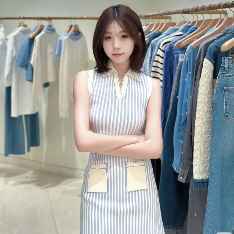 

Women's Summer Dress Stripes Color Crash Sleeveless Polo Neck Knit Vintage Simple Comfortable Fashion Niche Versatile Skinny New