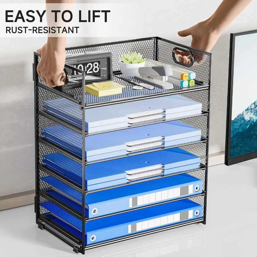 6-poziomowy organizer na dokumenty z uchwytem, siatkowy, do efektywnego sortowania i przechowywania papierów w biurze lub domu, szary