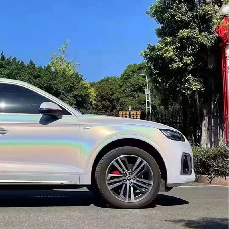 

Pearl Gloss Flip Psychedelic Rainbow Holographic Glitter White Vinyl Film Bubble Free Car Wrap Automotive DIY Decal