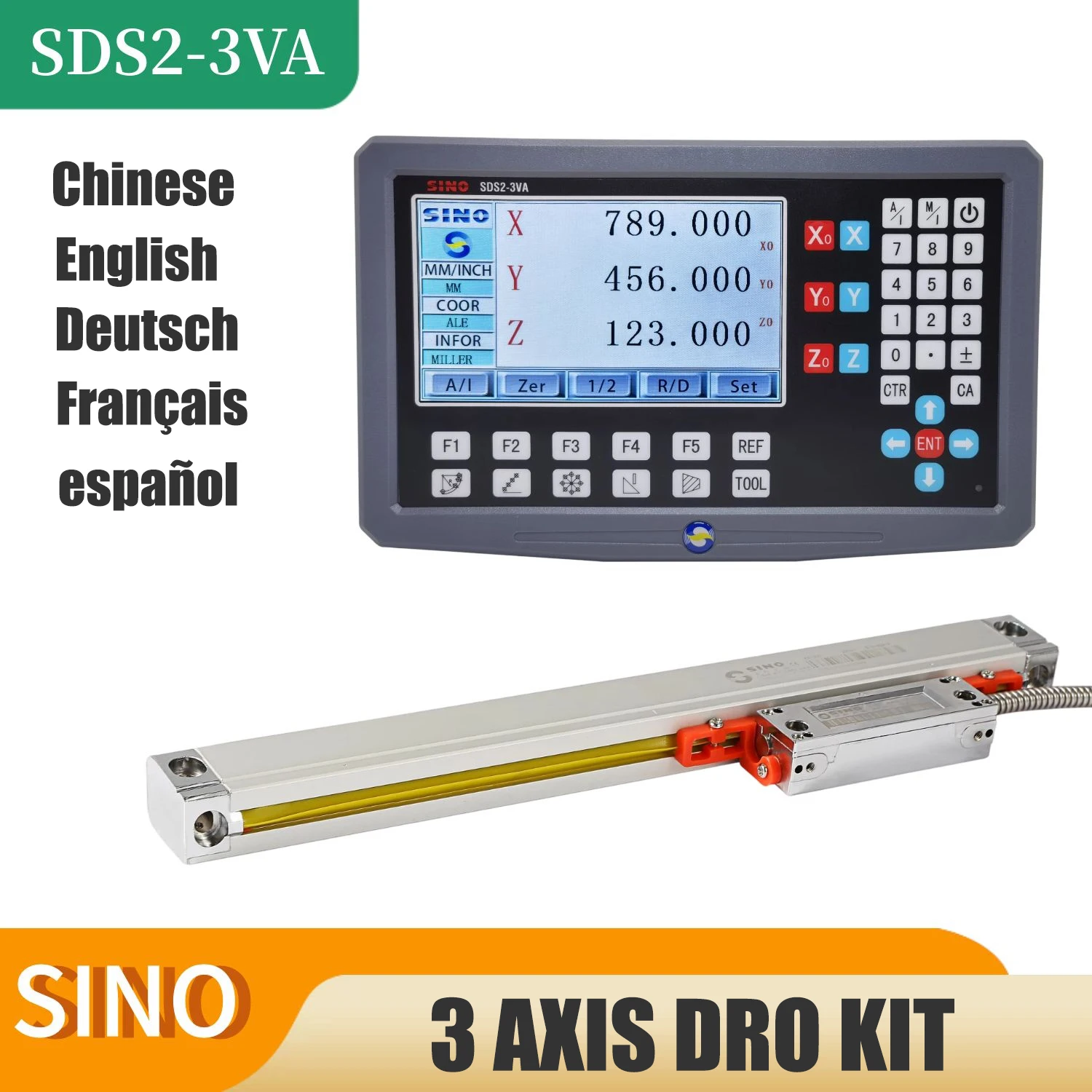 SINO SDS2-3VA 3 Axis LCD Digital Readout DRO Kit And 3 Pieces KA-300 Glass Linear Scale Encoders For Lathe Grinder Millilling