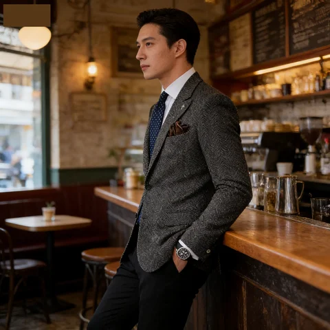 Men's Tweed Fishbone Blazer Smoking Winter Autumn Formal Business Suit Woolen Jacket Unique Breasted Wedding Party Attire