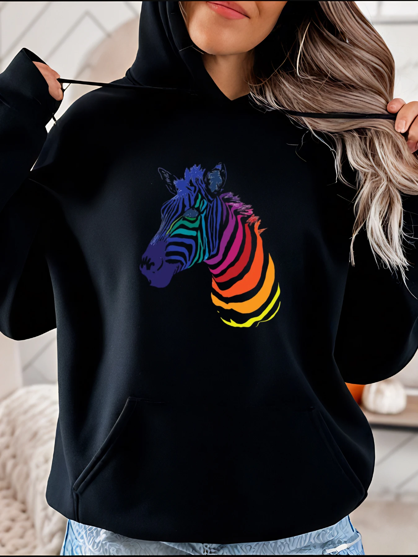 

Толстовка с принтом радуги и зебры, повседневная модная толстовка унисекс с карманом на шнурке, женская уличная одежда, наряд