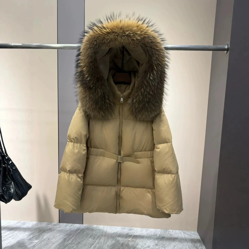 

OFTBUY Women's Winter Down Jacket with Hood Goose Down Padding with Zipper Women's Natural Raccoon Fur Coat of Goose Padding