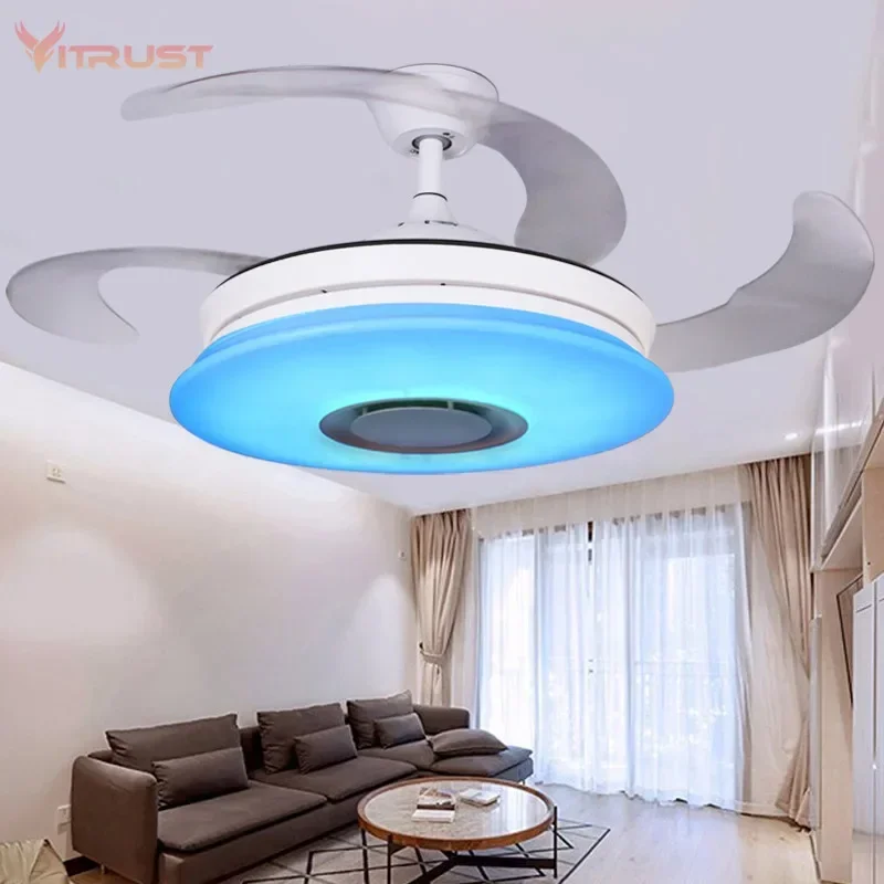 Retractable Music Ceiling Fan with RGB LED Light APP+ Remote Control Smart Pendant Fan for Dinning Room