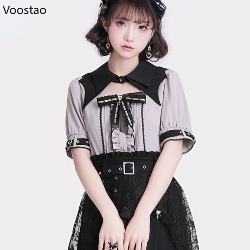 Gothic Y2k Aesthetic Shirt Japanese Cute Lolita Bow Lace Hollow Out Bat Collar Puff Sleeve Loose Blouse Women Sweet Clothes Tops