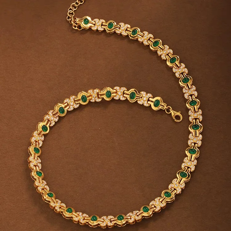S925 Sterling Silber Halskette, Smaragd-Halskette, Vintage-Design, 18k Gold plattiert, grüner Diamant, Damen – Detail 5