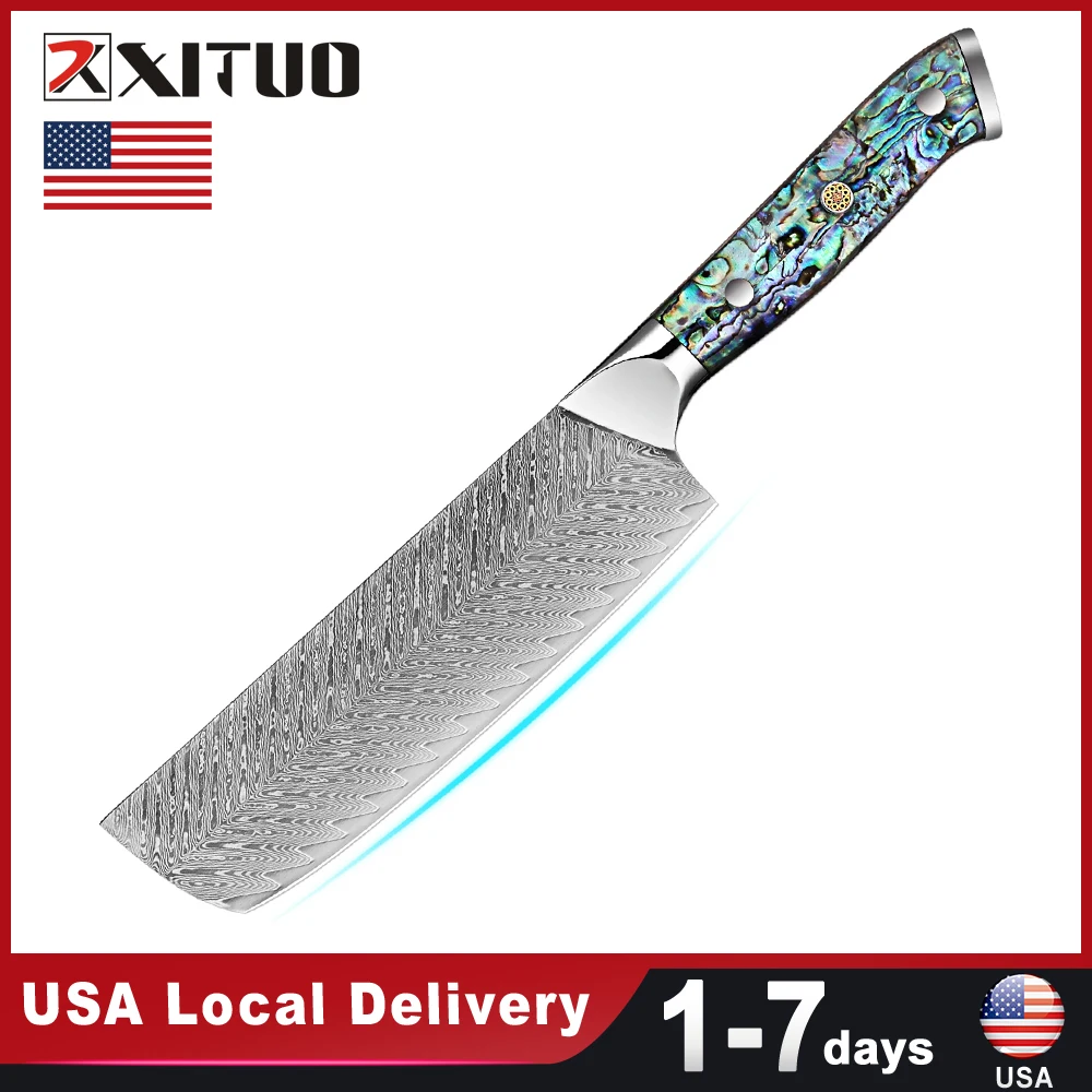 7 Inch Damascus Steel Nakiri Knife Abalone Shell Handle Kitchen Stainless Steel Sharp Cleaver Knife