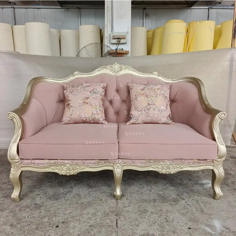 Sa-1  French Solid Wood Living Room Double Three-Seater Sofa European Gold Villa Combination Dirty Pink Fabric Snap-Button Sofa