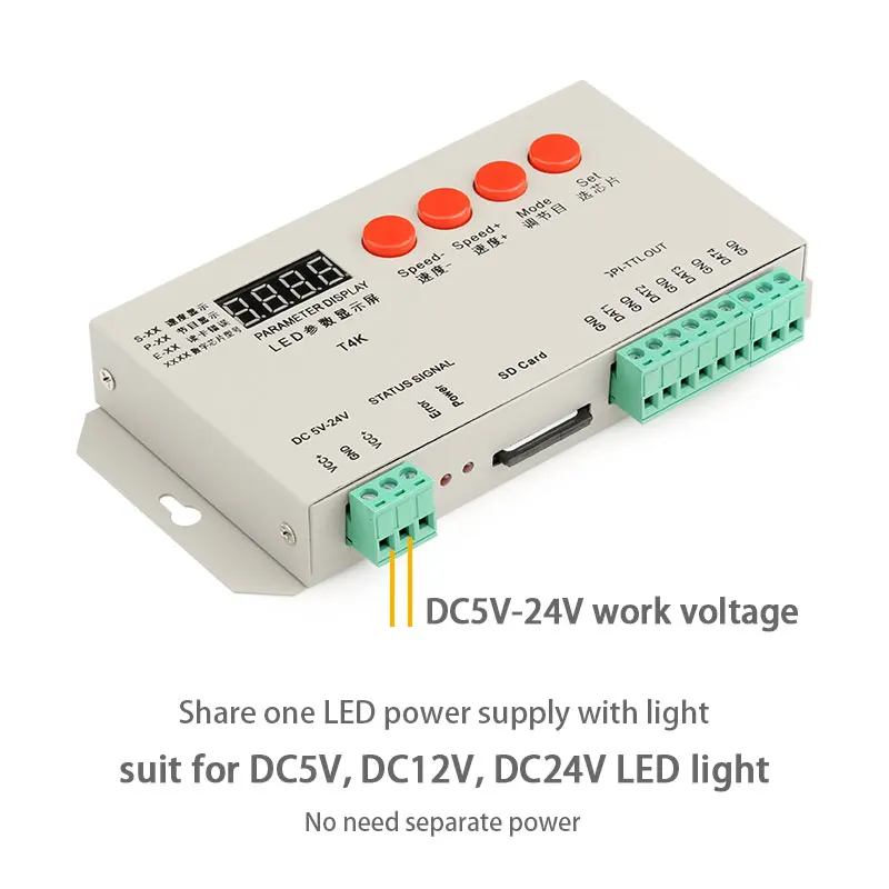 Controller di luce pixel LED programmabile con scheda SD con uscita TTL reale 4CH T4K, supporta IC a filo interamente singolo come 1903, 1814, 2812