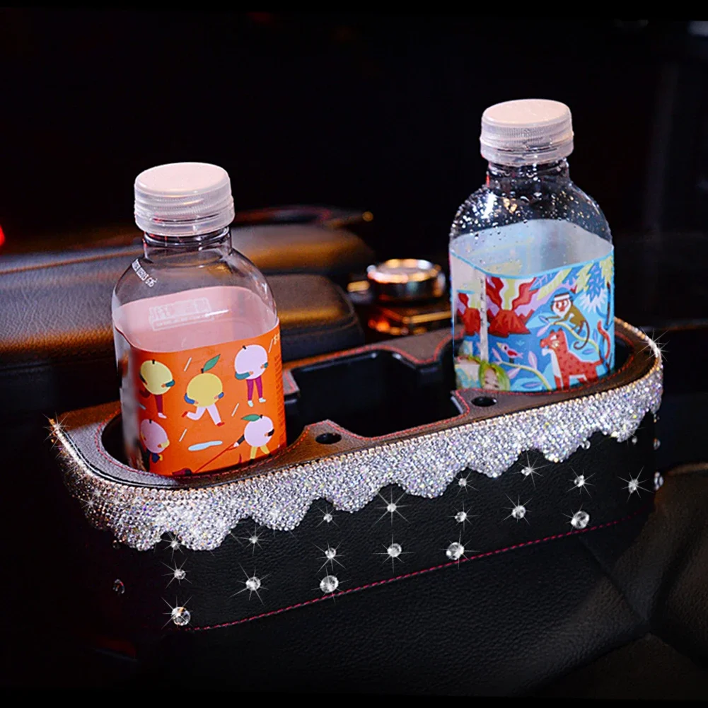 Car Interior Accessories Leather Seat Crevice Storage Box Bag with Luxury Crystals Drink Cup Mobile Phone Organizer