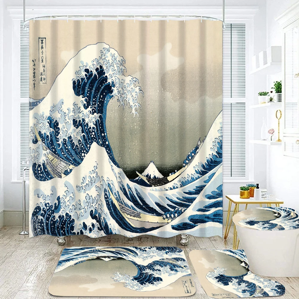

3D Japanese style Shower Curtain Mount Fuji Waves Waterproof Fabric Bathroom Curtains Set Mat Rug Toilet Cover Decor with Hooks