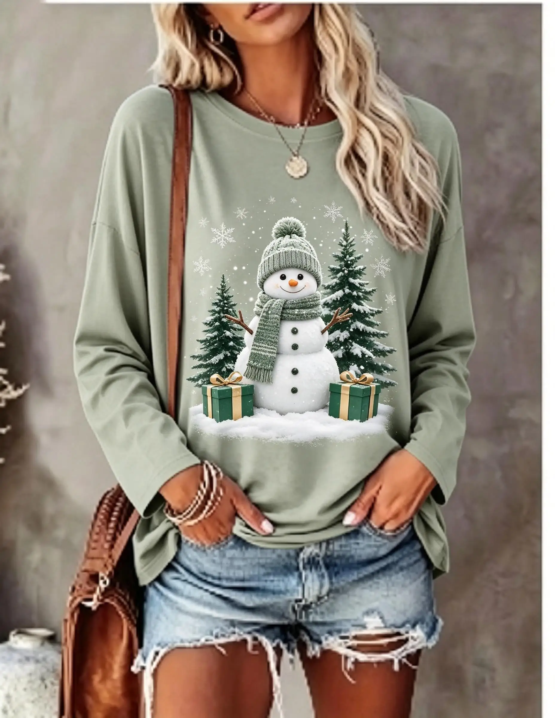 Women Long Sleeve T‑Shirt Christmas Snowman With Knit Hat Scarf Pine Tree Gift Box Print Crew Neck Casual Tops