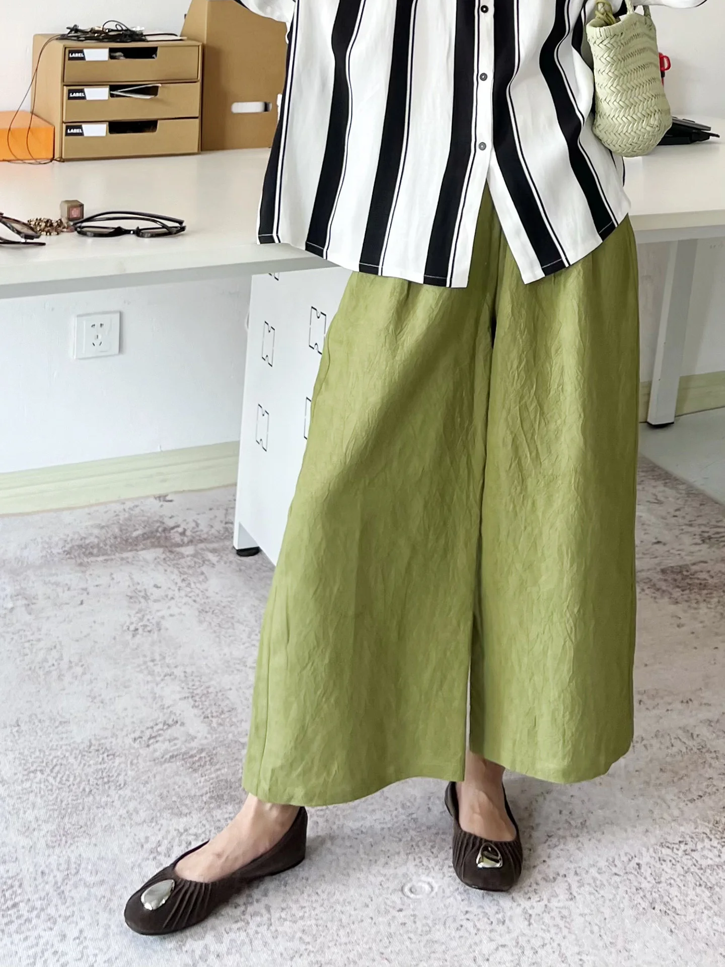 

Новые льняные брюки свободного кроя с высокой эластичной талией, 8/8 длины, цвет «Цинмэй», универсальные для повседневной носки