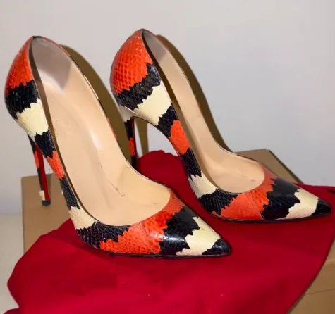 Red and black straps Snake-print high heels pumps for women sexy stilettos leather big size luxury designer shallow party shoes