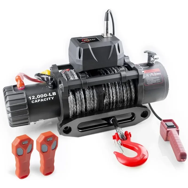 

WINCH 12000lb Waterproof Electric Black Synthetic Rope Winch with Hawse Fairlead, Wired Handle