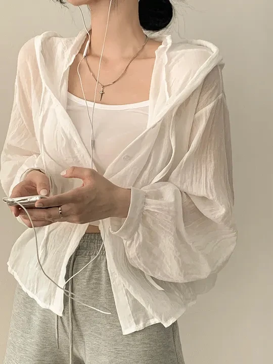 

Women's Summer Thin Hooded Sun Protection Outerwear Korean Style Loose Breathable Long Sleeve Shirt Casual High-Quality Feeling